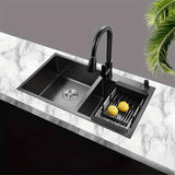 Kitchen Modern Black Stainless Steel Dual-Basin Sink Set With Pull-Out Faucet And Draining Basket