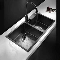 Kitchen Modern Black Stainless Steel Dual-Basin Sink Set With Pull-Out Faucet And Draining Basket