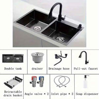 Kitchen Modern Black Stainless Steel Dual-Basin Sink Set With Pull-Out Faucet And Draining Basket