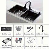 Kitchen Modern Black Stainless Steel Dual-Basin Sink Set With Pull-Out Faucet And Draining Basket