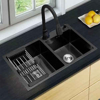 Kitchen Modern Black Stainless Steel Dual-Basin Sink Set With Pull-Out Faucet And Draining Basket